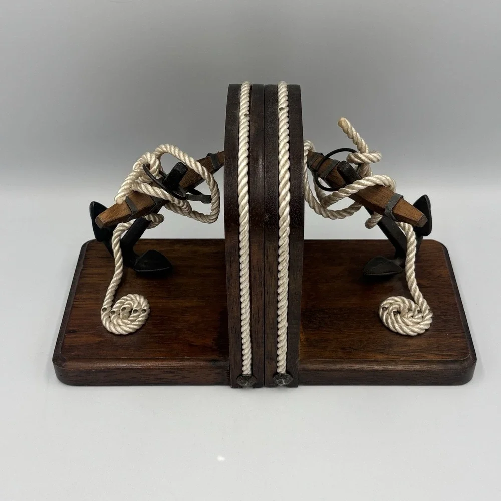 Vintage Nautical Theme Bookends Wood & Rope with Cast Iron Anchors